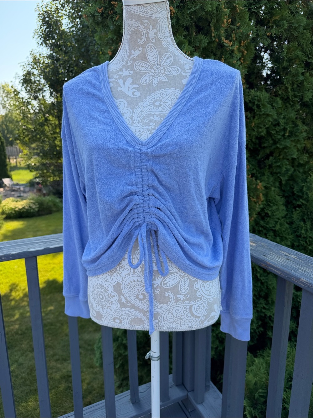 Women's Perwinkle blue  V-Neck Ruched Drawstring Top sz M